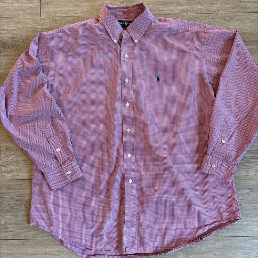 Ralph Lauren Shirt Men's Large Blue Red Check Blake 2-Ply Cotton Button Down